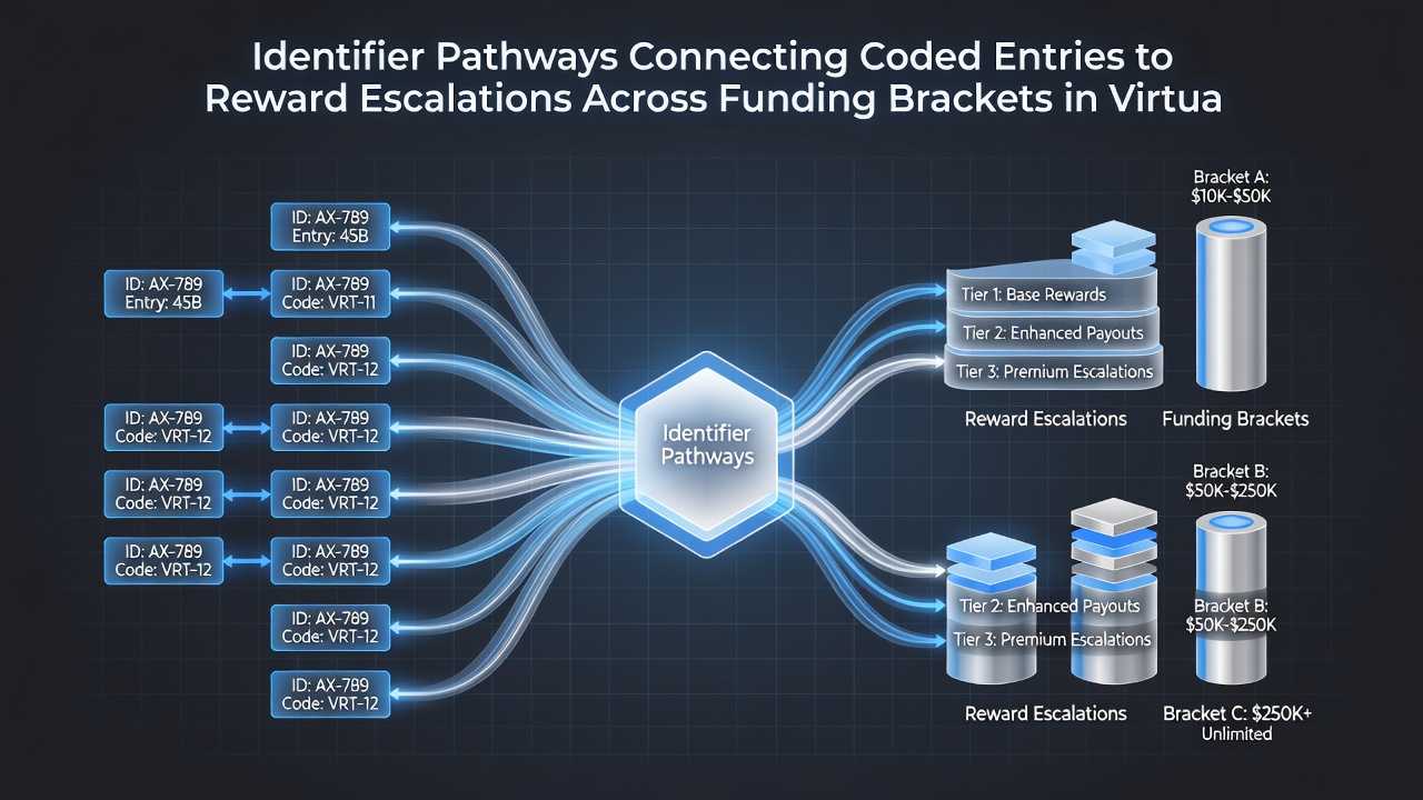 Flowchart illustrating how identifier codes connect entry points to escalating rewards at different funding levels in online wagering platforms