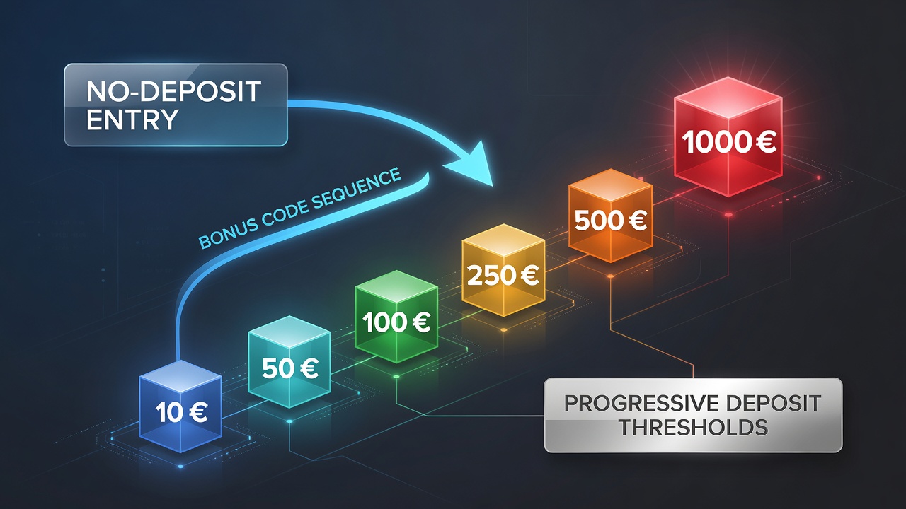 Illustration of bonus code sequences connecting no-deposit bonuses to progressive deposit levels from 10 to 1000 euros on digital platforms