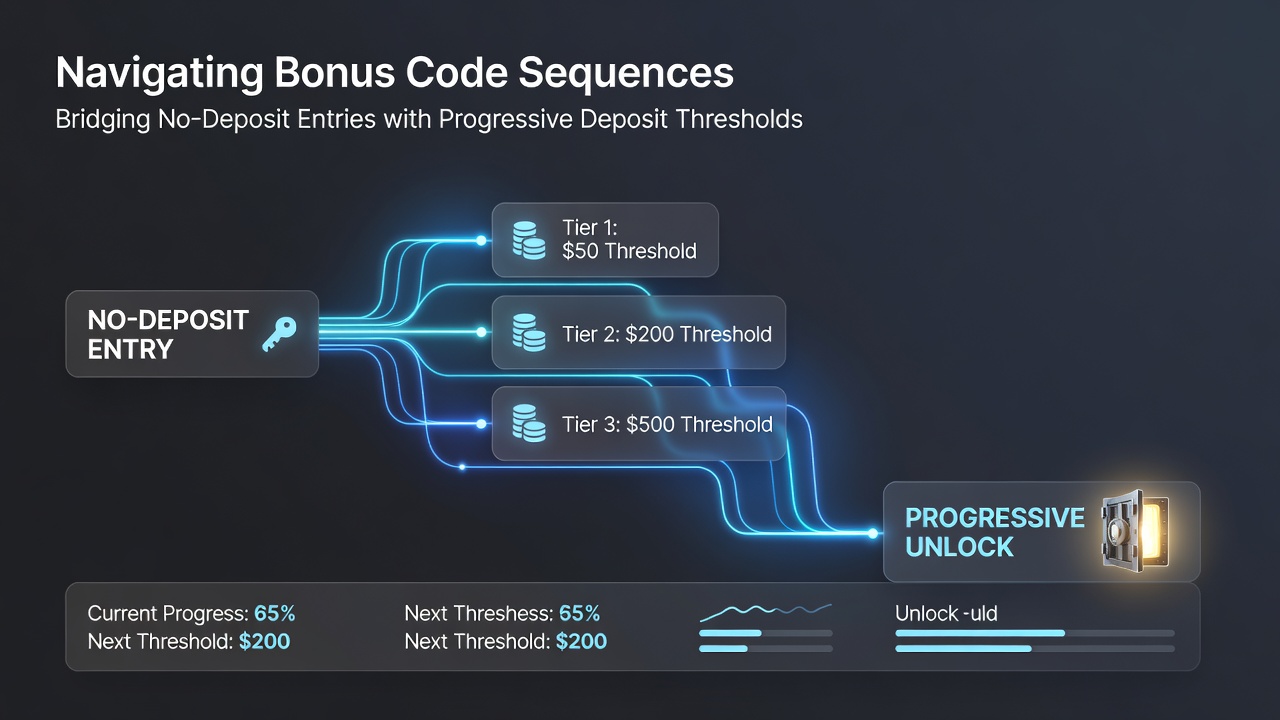 Diagram showing progressive deposit thresholds from 10 euros to 1000 euros linked through bonus code sequences