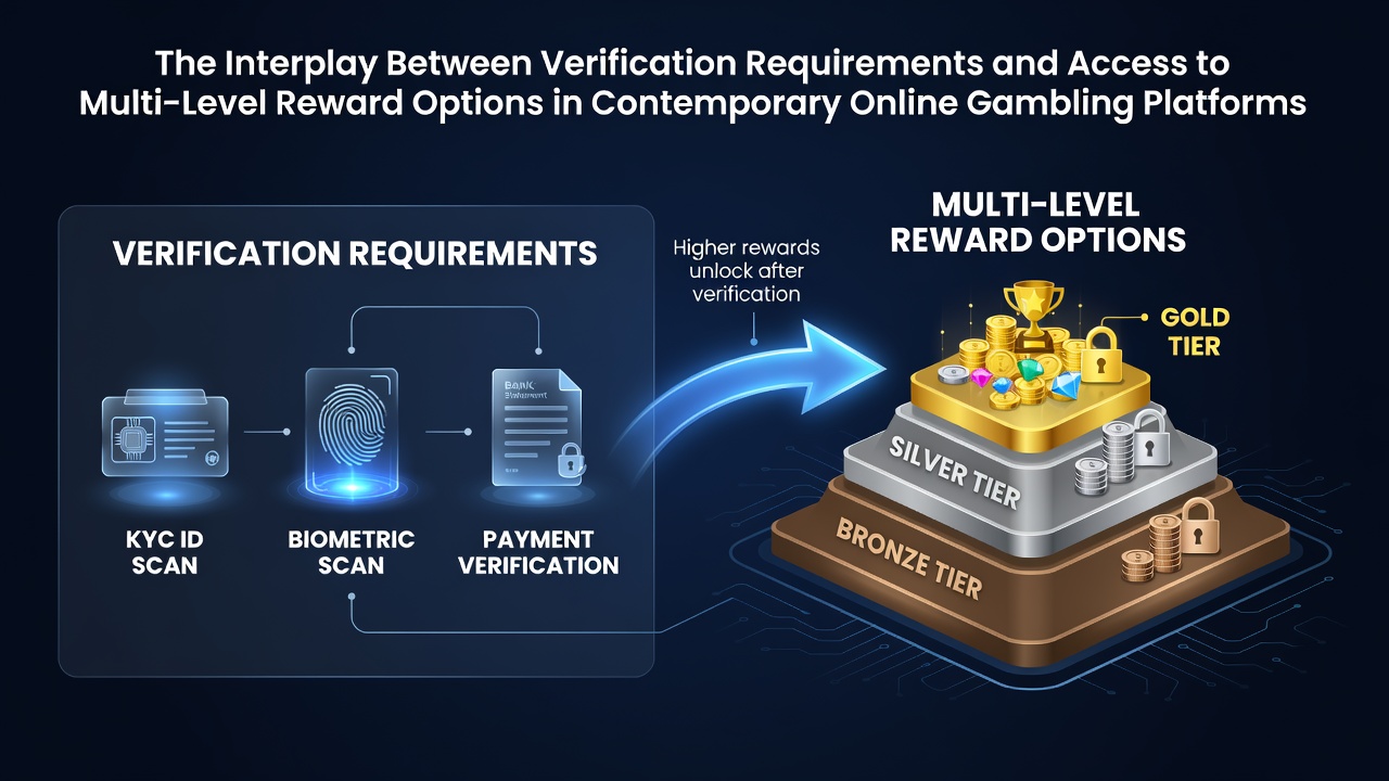 Online gambling platform interface showing verification steps alongside tiered reward levels and loyalty program dashboards