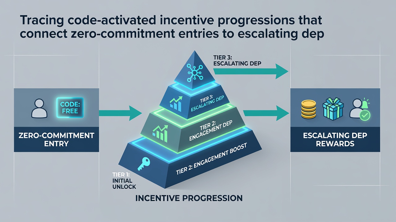 Diagram showing progression ladders from zero-commitment bonuses to substantial euro deposit matches in virtual casino environments